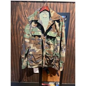 Vintage Woodland Camo Field Jacket Military Surplus Ripstop Cargo Coat XL